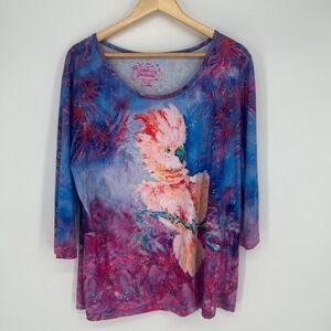 Leoma Lovegrove Womens Tunic Top Sz XL Cockatiel Tropical Colorful Cruise Resort